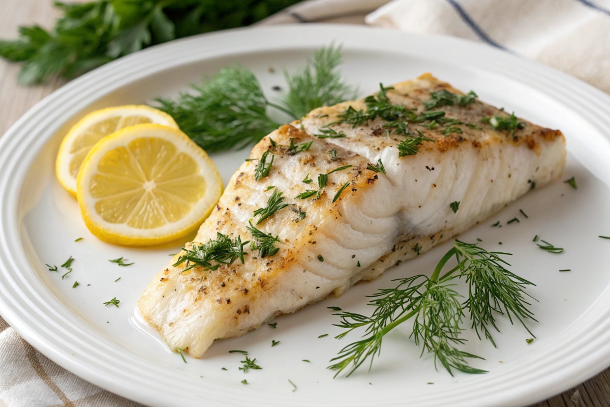 Freshly baked rockfish fillet with herbs