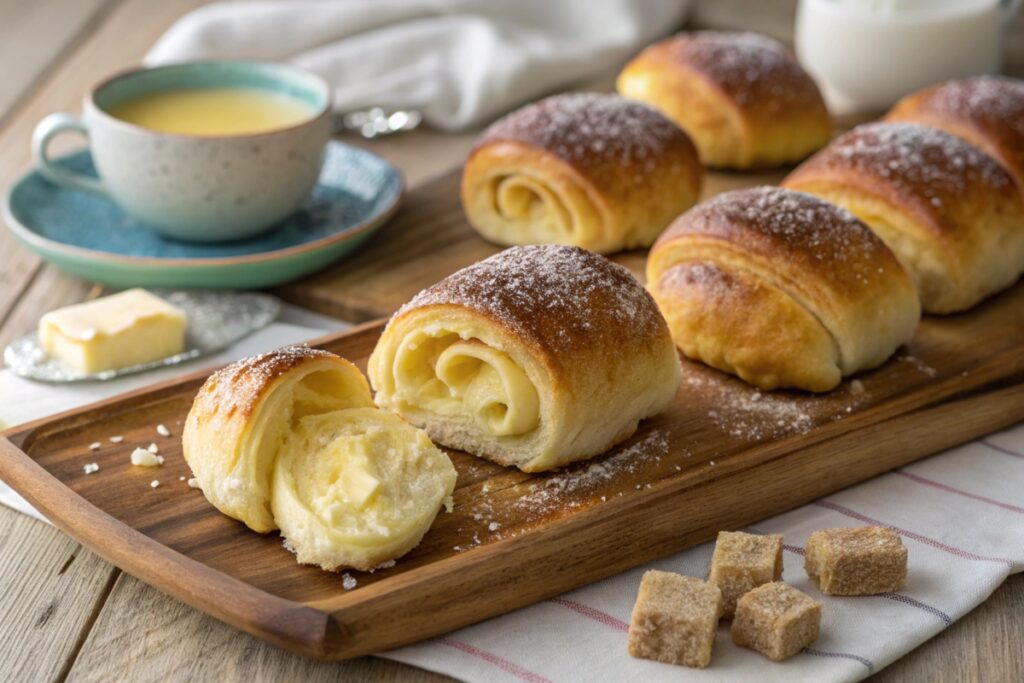 Freshly baked gipfeli pastries on a tray