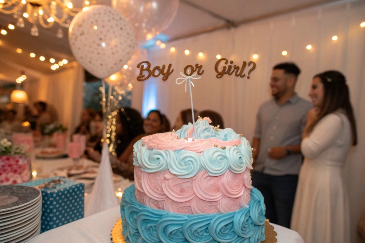 Pastel pink and blue gender reveal cake with festive decorations.