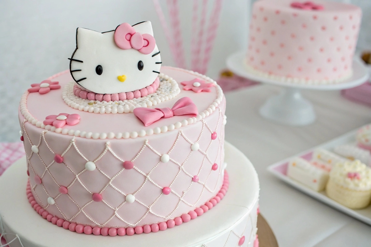 Beautiful Hello Kitty cake with pink and white fondant and detailed decorations.