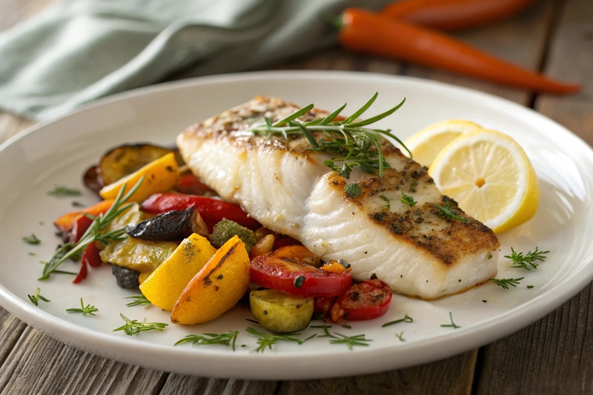 Grilled rockfish fillet with vegetables