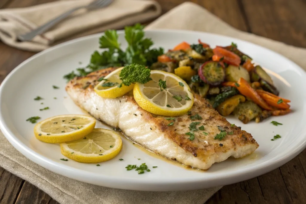 Pan-seared rockfish garnished with lemon and herbs