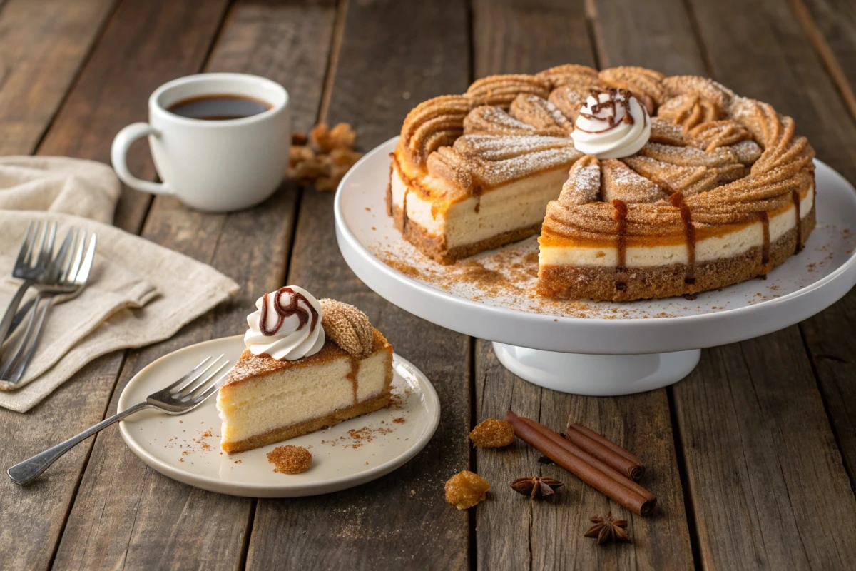 Churro cheesecake with cinnamon sugar topping on a wooden table.