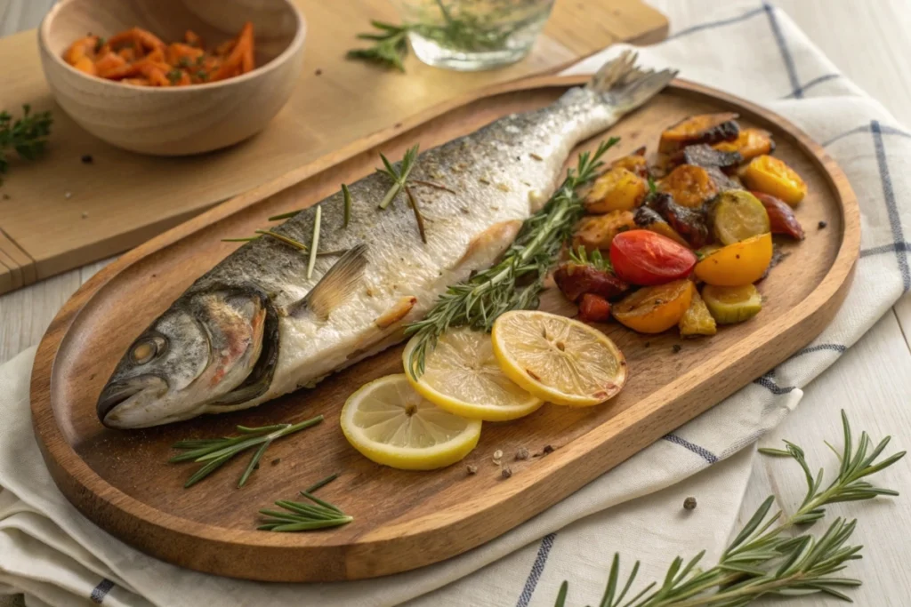 Roasted Branzino garnished with lemon and rosemary.