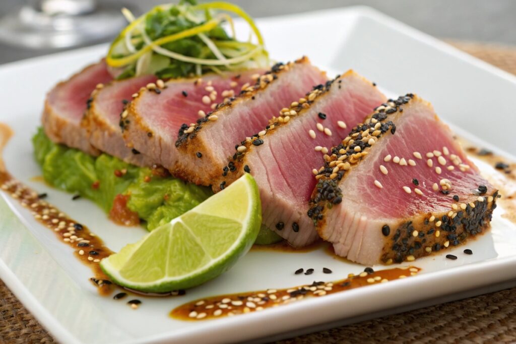 Seared ahi tuna slices garnished with sesame seeds and lime