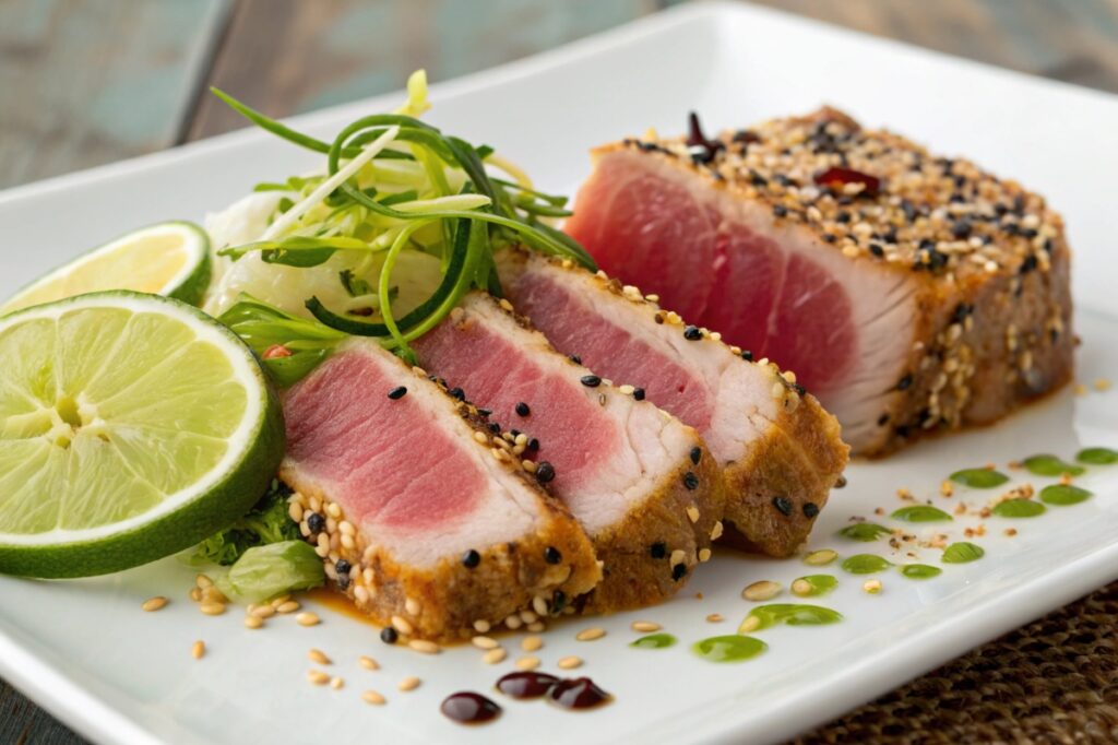 Seared ahi tuna slices garnished with sesame seeds and lime