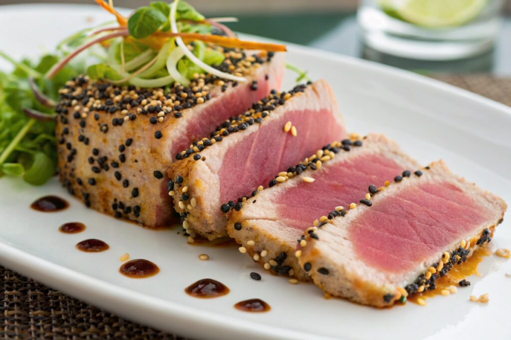 Seared ahi tuna slices garnished with sesame seeds and lime