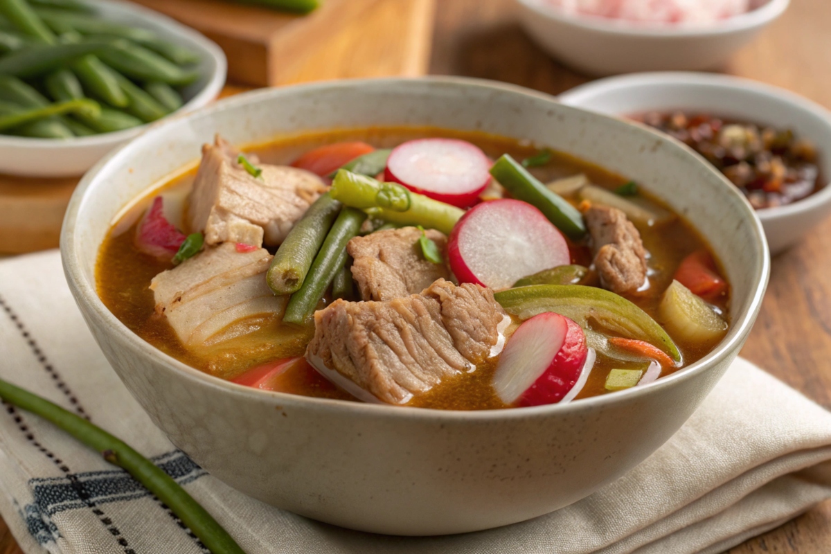 A bowl of pork sinigang with vegetables