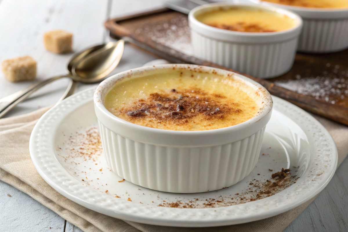 Amish baked custard served in a ramekin with a sprinkle of nutmeg