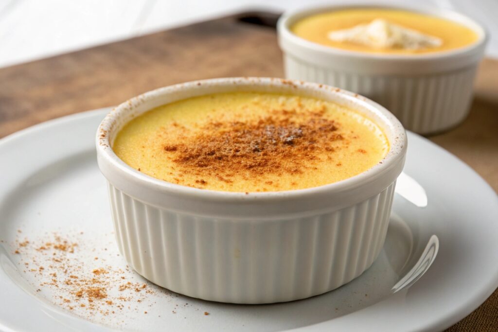 Amish baked custard served in a ramekin with a sprinkle of nutmeg