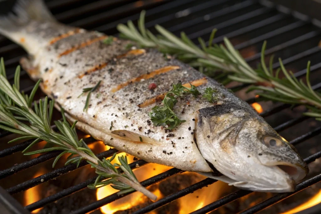 Grilled branzino fillet on an open flame