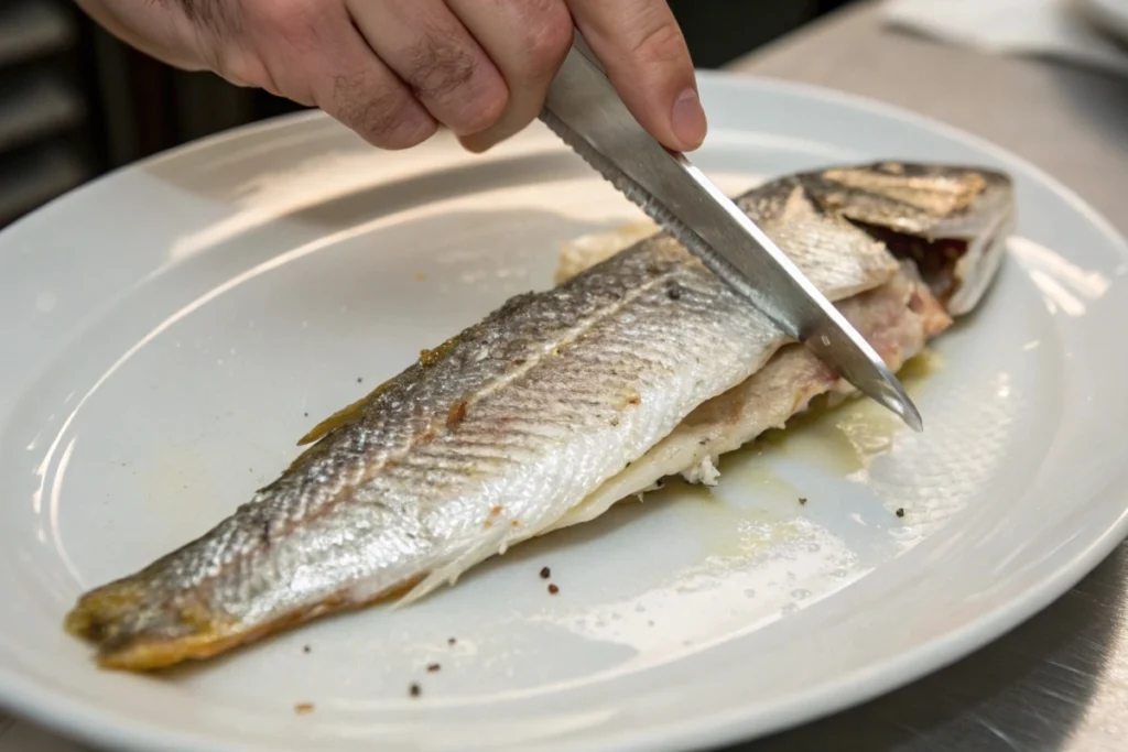 Deboning a cooked Branzino on a plate.