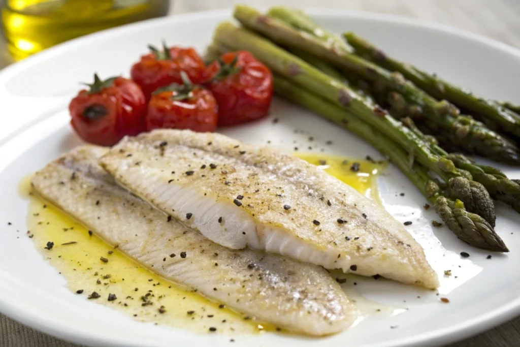 Branzino fillets with olive oil, asparagus, and tomatoes.