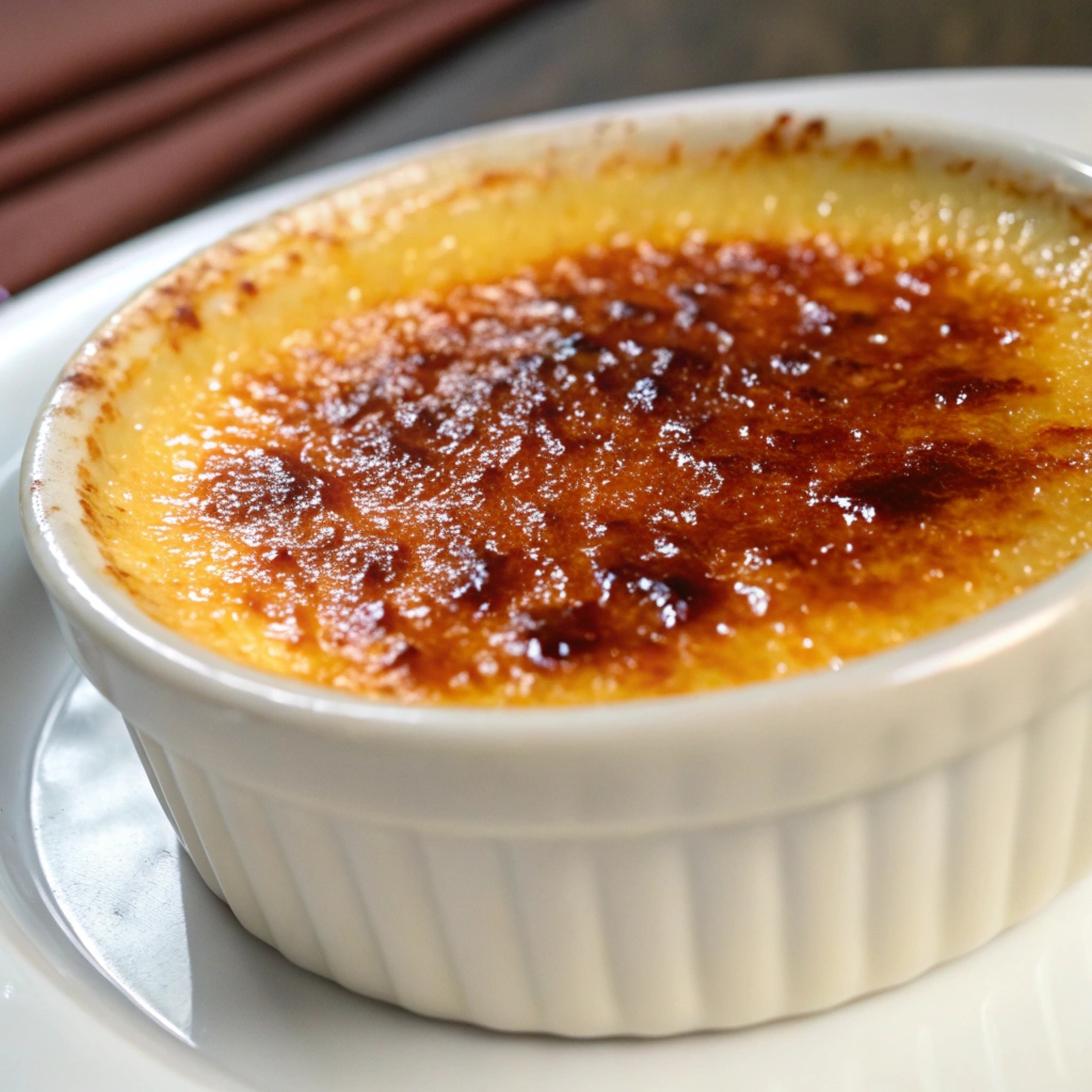 A ramekin of crème brûlée with a caramelized sugar top