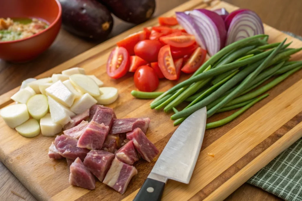 Raw ingredients for cooking Sinigang on a wooden board.