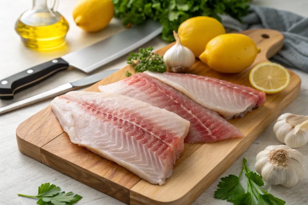 Raw rockfish fillets on a cutting board with fresh ingredients.