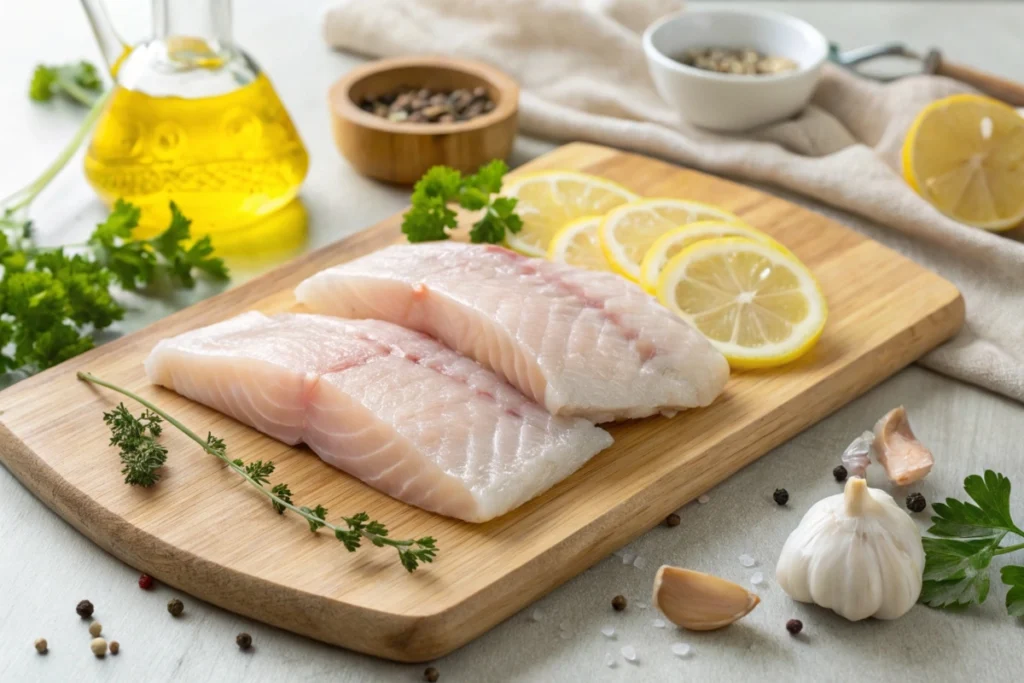 Raw rockfish fillets on a cutting board