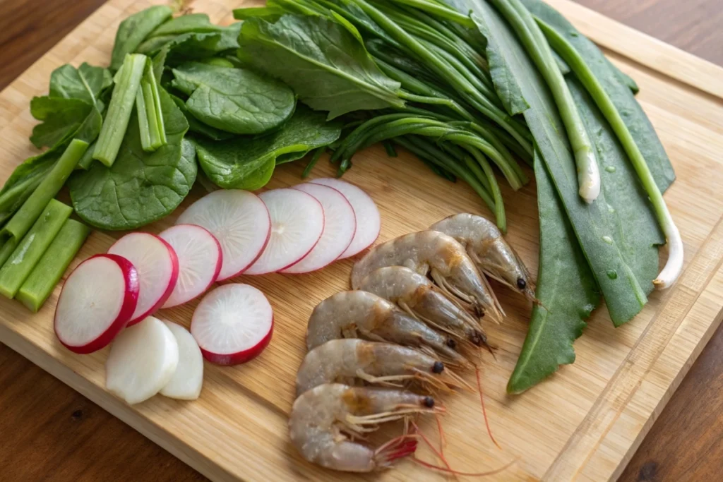 Raw sinigang ingredients including tamarind, radish, and kangkong.