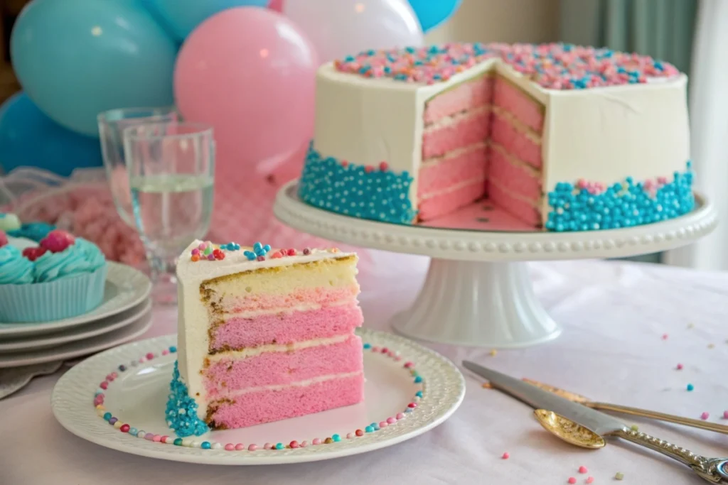 Sliced gender reveal cake with colorful inner layers.