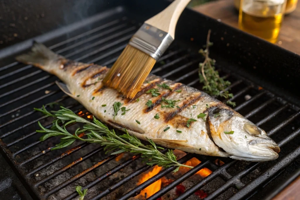 Grilled Branzino on a charcoal grill with herbs