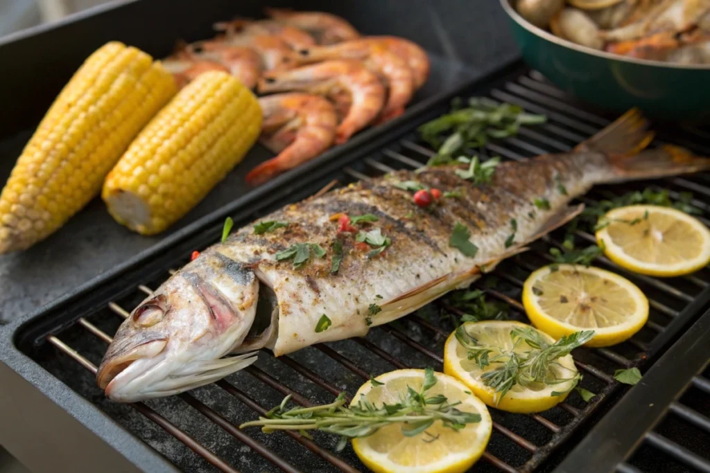 Grilled rockfish topped with fresh herbs and lemon on a barbecue grill