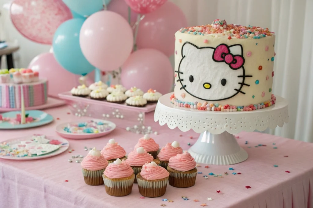 Hello Kitty cake on a party table with cupcakes and pastel decor.