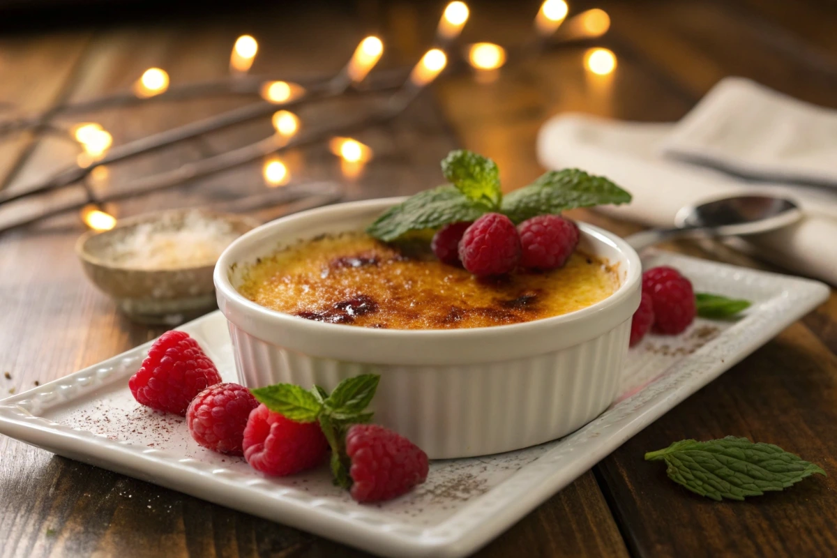 Crème brûlée with caramelized topping and garnishes.