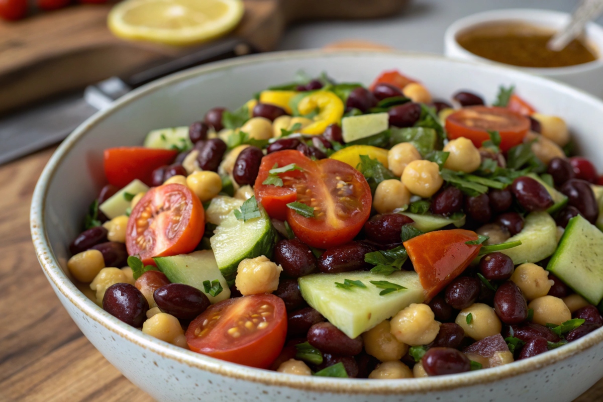 A colorful dense bean salad with a variety of beans, vegetables, and fresh herbs