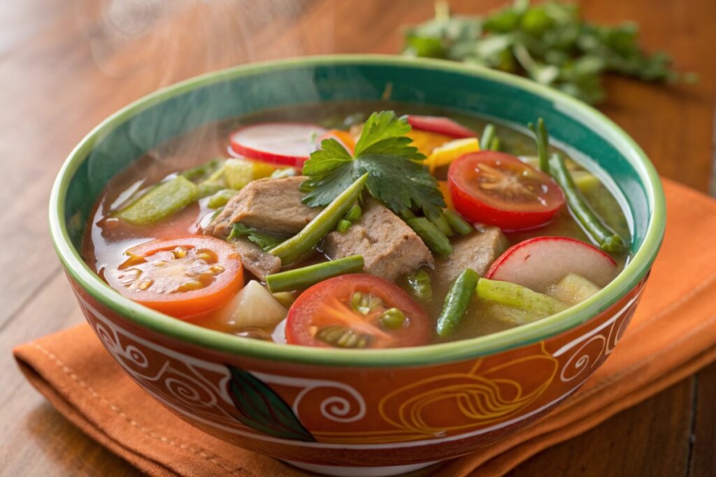 A bowl of healthy Filipino sinigang with vegetables and lean protein