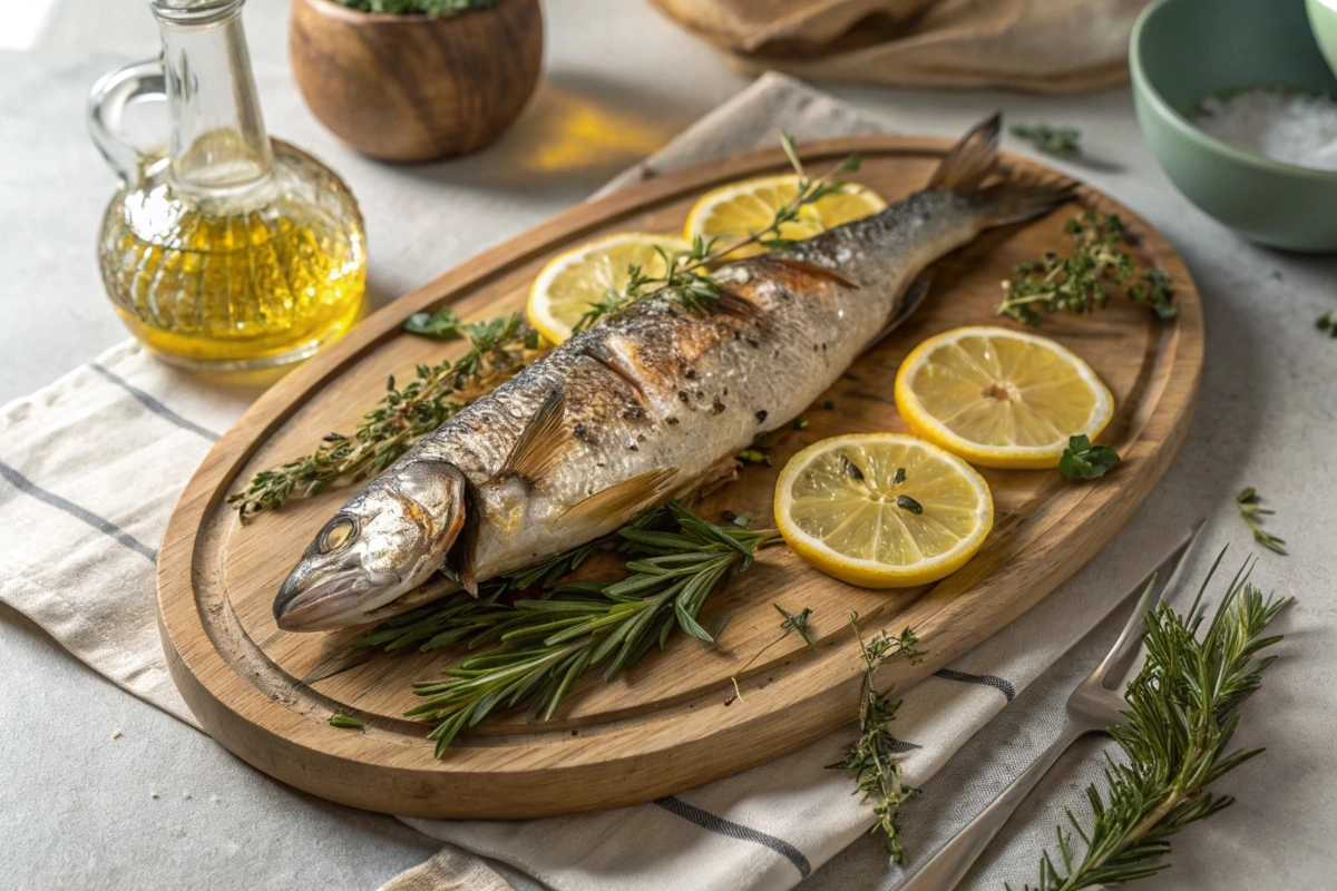 Grilled branzino served with lemon and rosemary.