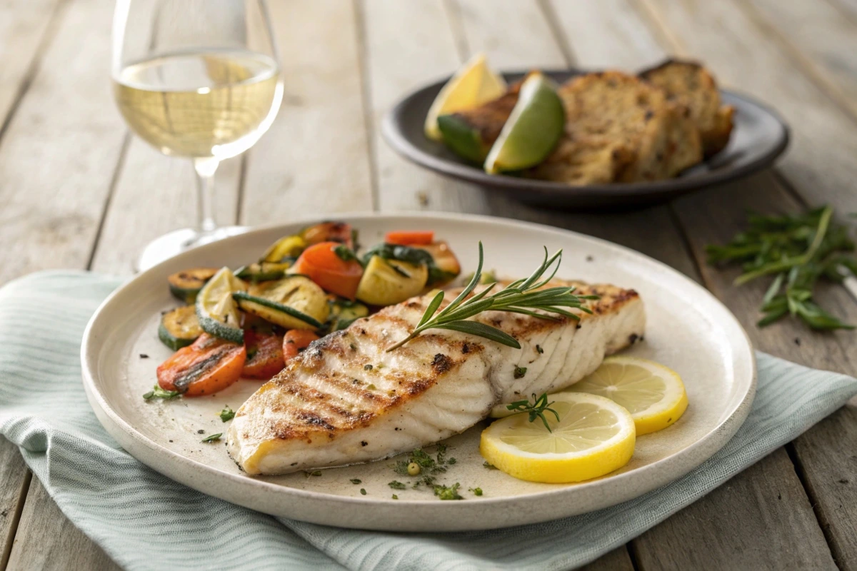 Grilled rockfish fillet garnished with herbs and lemon on a wooden table.