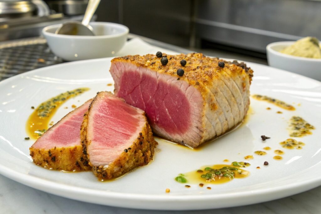 Gordon Ramsay searing ahi tuna in a skillet