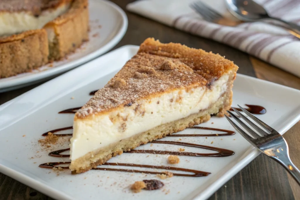 Sliced churro cheesecake on a white plate with chocolate drizzle.