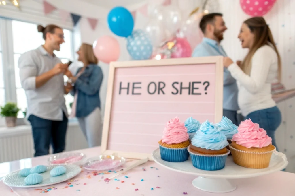 Gender reveal party with cupcakes and a voting board.