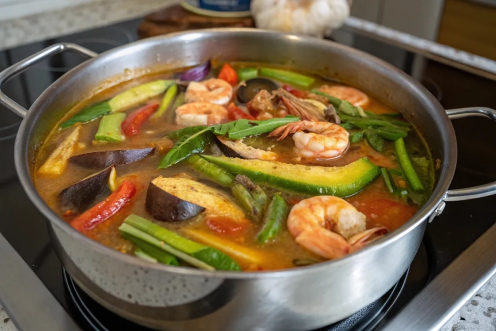 Sinigang simmering on a stovetop with shrimp and vegetables.