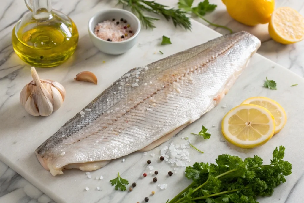 Raw branzino fillet with cooking ingredients