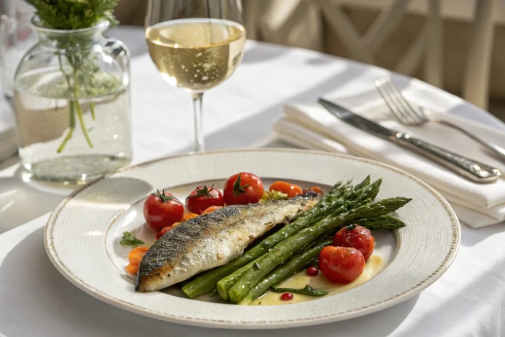 Branzino with roasted vegetables and white wine.