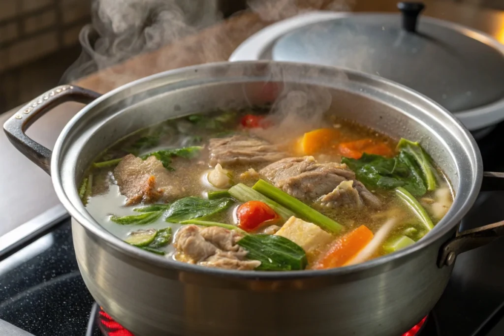 Sinigang simmering on the stove with tender pork and vegetables.