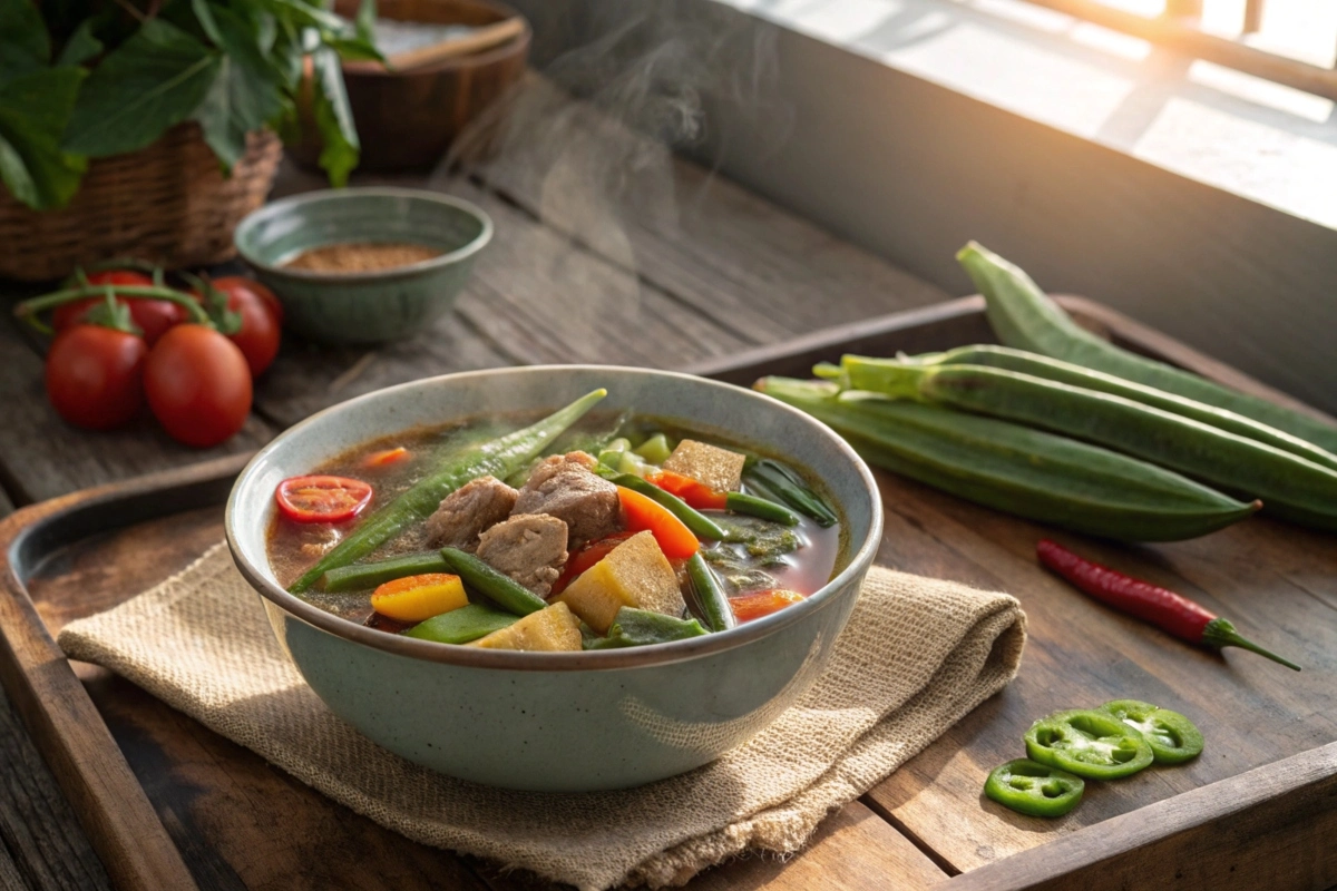 A steaming bowl of Sinigang with vegetables and tamarind.