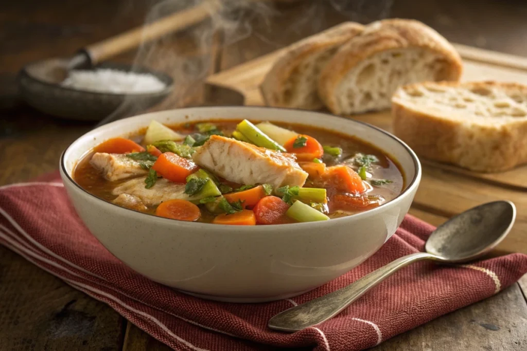 A steaming bowl of rockfish stew with vegetables in a rich broth.