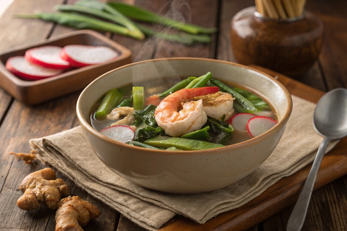 A steaming bowl of sinigang with fresh vegetables and shrimp.