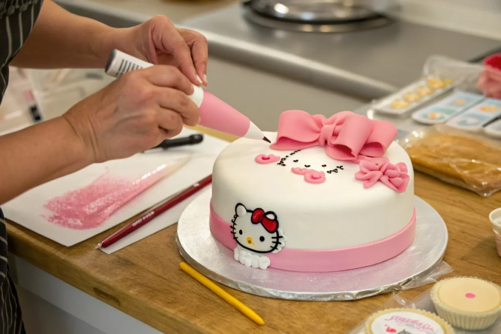 Step-by-step decoration of a Hello Kitty cake with fondant and tools