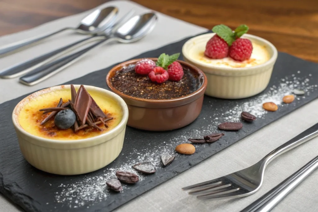 Assorted crème brûlée variations with unique garnishes.