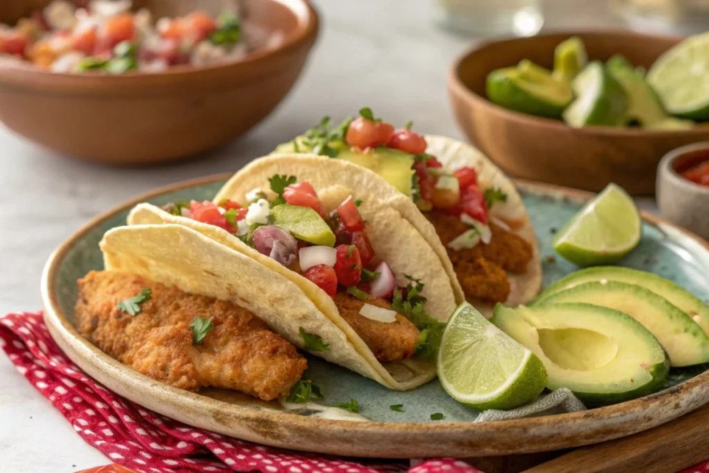 Crispy fried rockfish tacos with salsa and lime