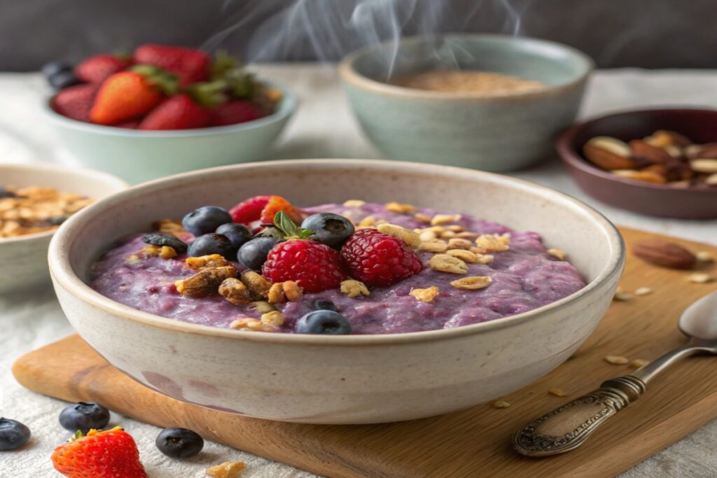 Bowl of lavender jungle oats with fresh berries and nuts