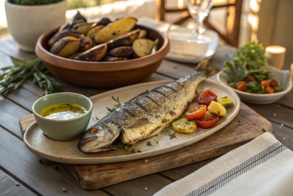 Whole roasted branzino with side dishes.