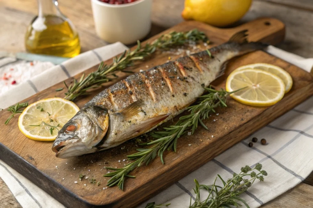 Whole roasted branzino with herbs and lemon slices.