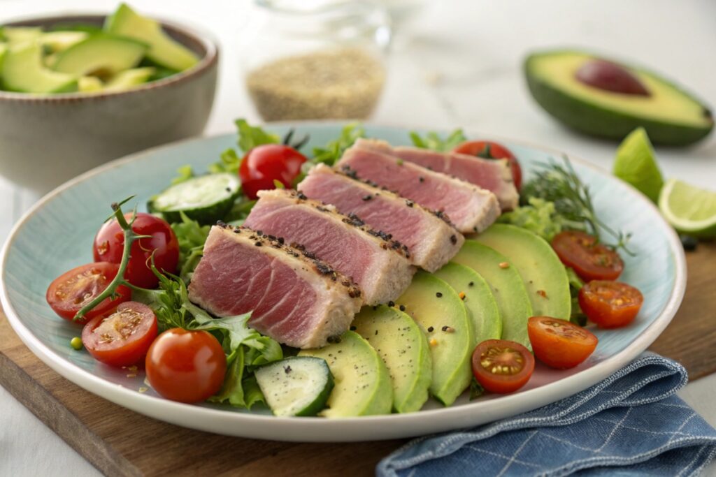 Ahi tuna paired with fresh salad and avocado