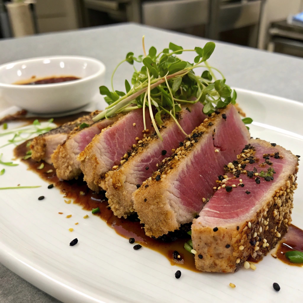 Ahi tuna steak being seared in a hot pan