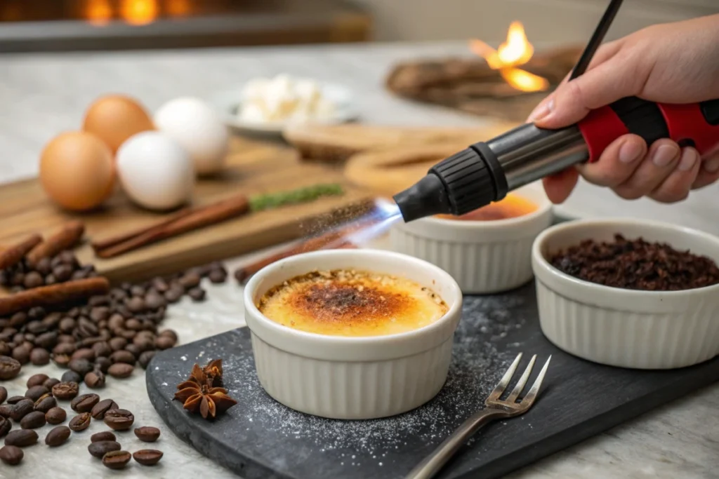 Hand caramelizing crème brûlée with a torch.